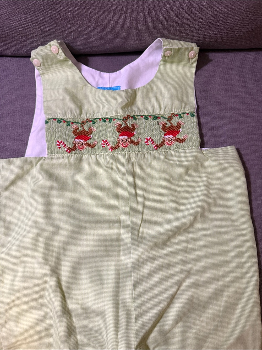 Green Smocked Holiday Romper with Candy Cane Monkeys